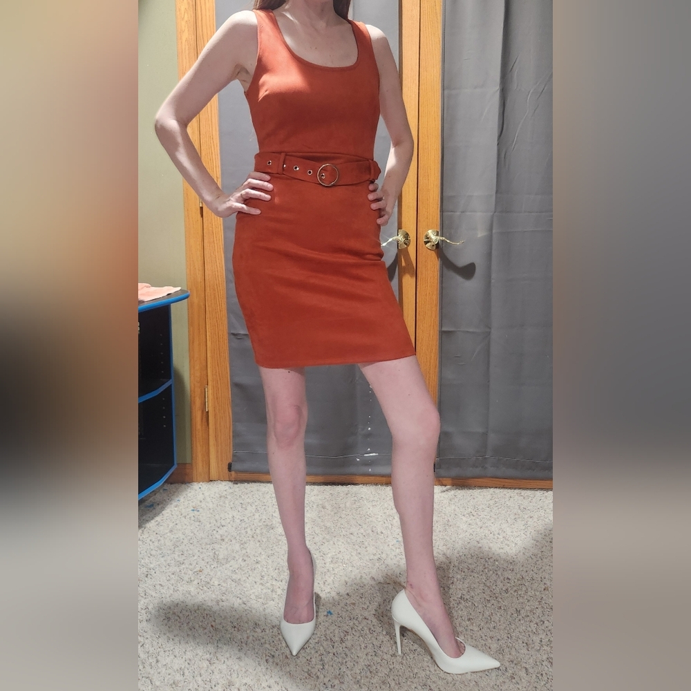 Haute Monde Rust Belted Bodycon Suede Dress